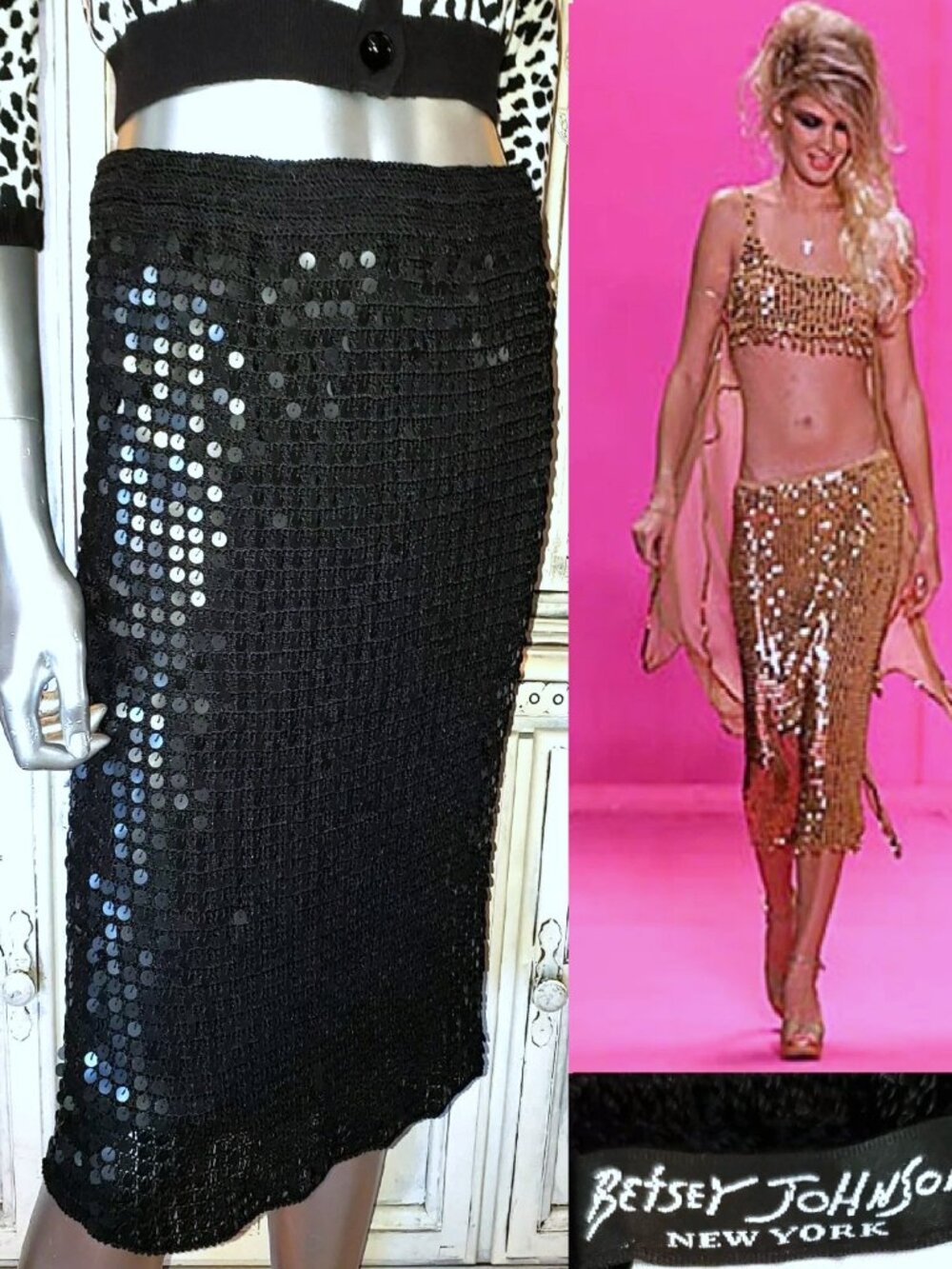 Vintage Betsey Johnson New York Y2K Runway Black Crochet Sequin Midi Dress Skirt